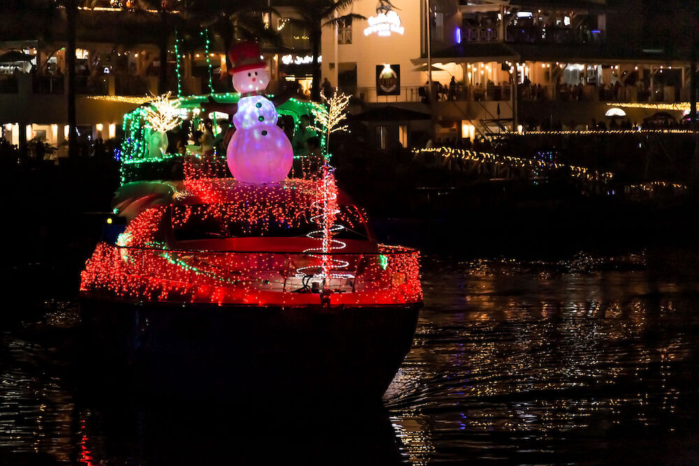 boat with christmas lights on it